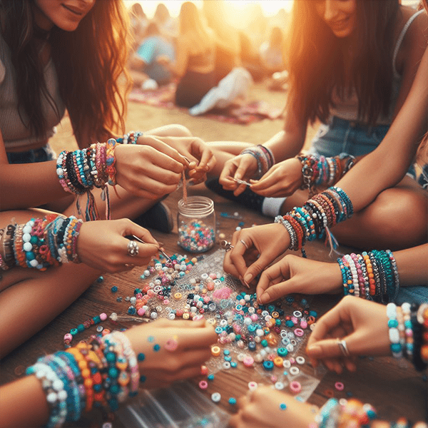 Group of travelers engaged in a kandi crafting session