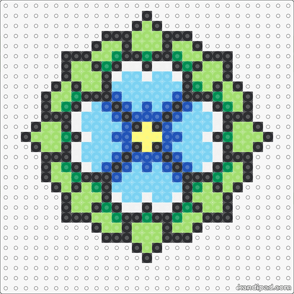 A fuse bead pattern of a bright blue and green flower