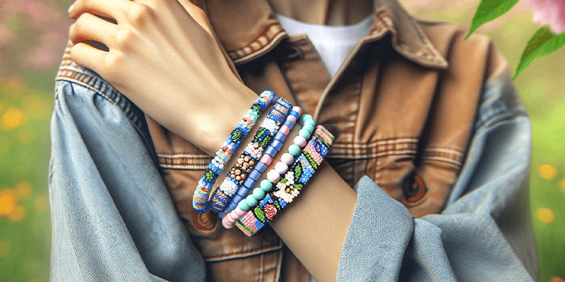 Model wearing spring-themed kandi bracelets