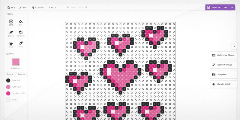 Kandi Pad editor interface showing fuse bead heart pattern design