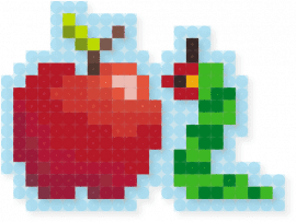 hungry hungry caterpillar with apple :D - apple, bug, caterpillar, green, hungry hungry caterpillar, light blue, red