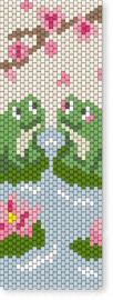 Frogs on a pond - green, pink, white