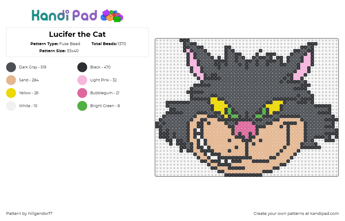 Lucifer the Cat - Fuse Bead Pattern by hillgendorf7 on Kandi Pad - lucifer,cinderella,disney,mischievous,animation,classic,gray