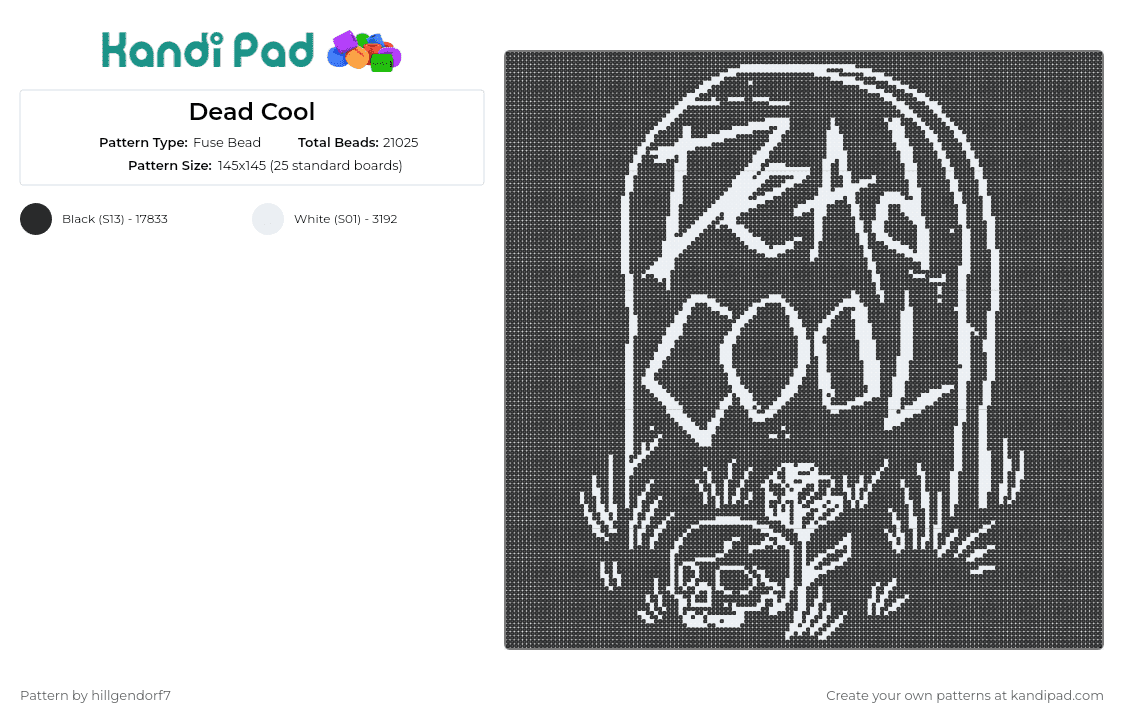 Dead Cool - Fuse Bead Pattern by hillgendorf7 on Kandi Pad - tombstone,grave,skull,cemetery,gothic,charm,whimsical,monochrome,dark