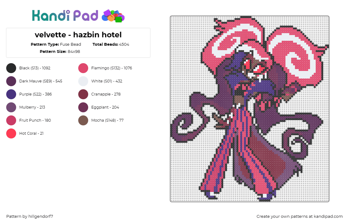 velvette - hazbin hotel - Fuse Bead Pattern by hillgendorf7 on Kandi Pad - velvette,hazbin hotel,character,animation,stylish,whimsical,fictional,purple,pin