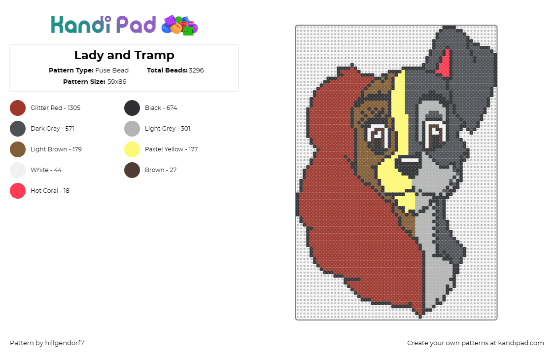 Lady and Tramp - Fuse Bead Pattern by hillgendorf7 on Kandi Pad - lady and the tramp,disney,dogs,cartoon,movie,mashup,characters,love,red,brown,gr