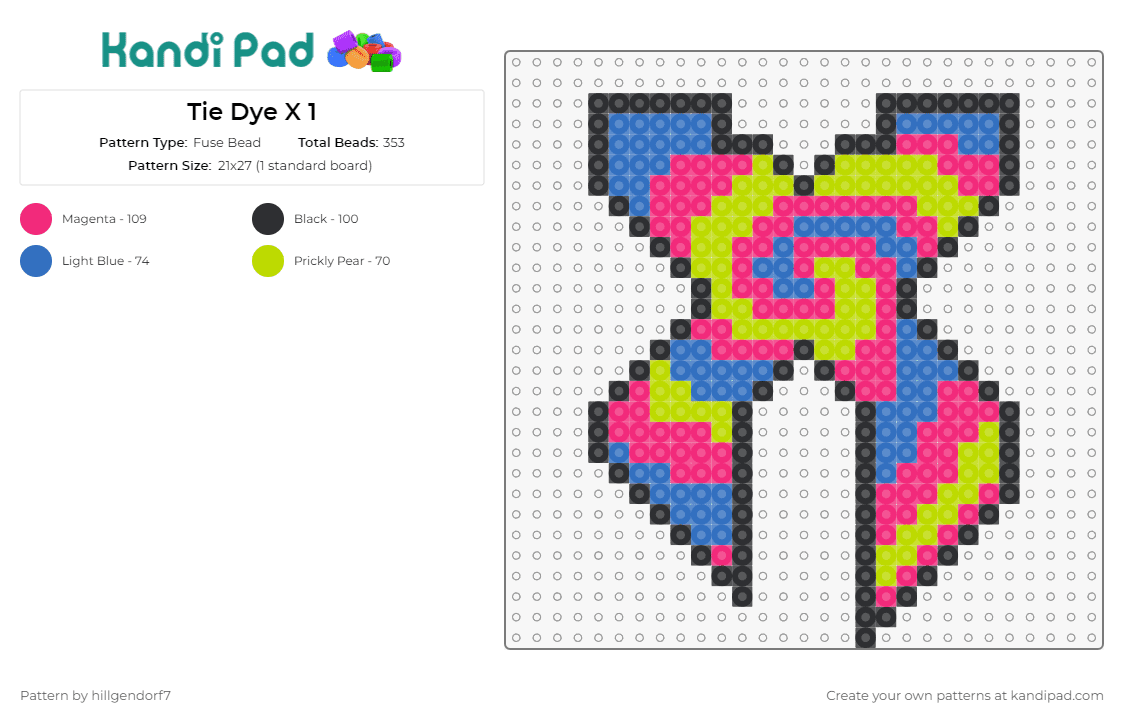 Tie Dye X 1 - Fuse Bead Pattern by the_edm_perler_pattern_guy on Kandi Pad - excision,x,tie dye,music,edm,dj,blue,pink,yellow,black