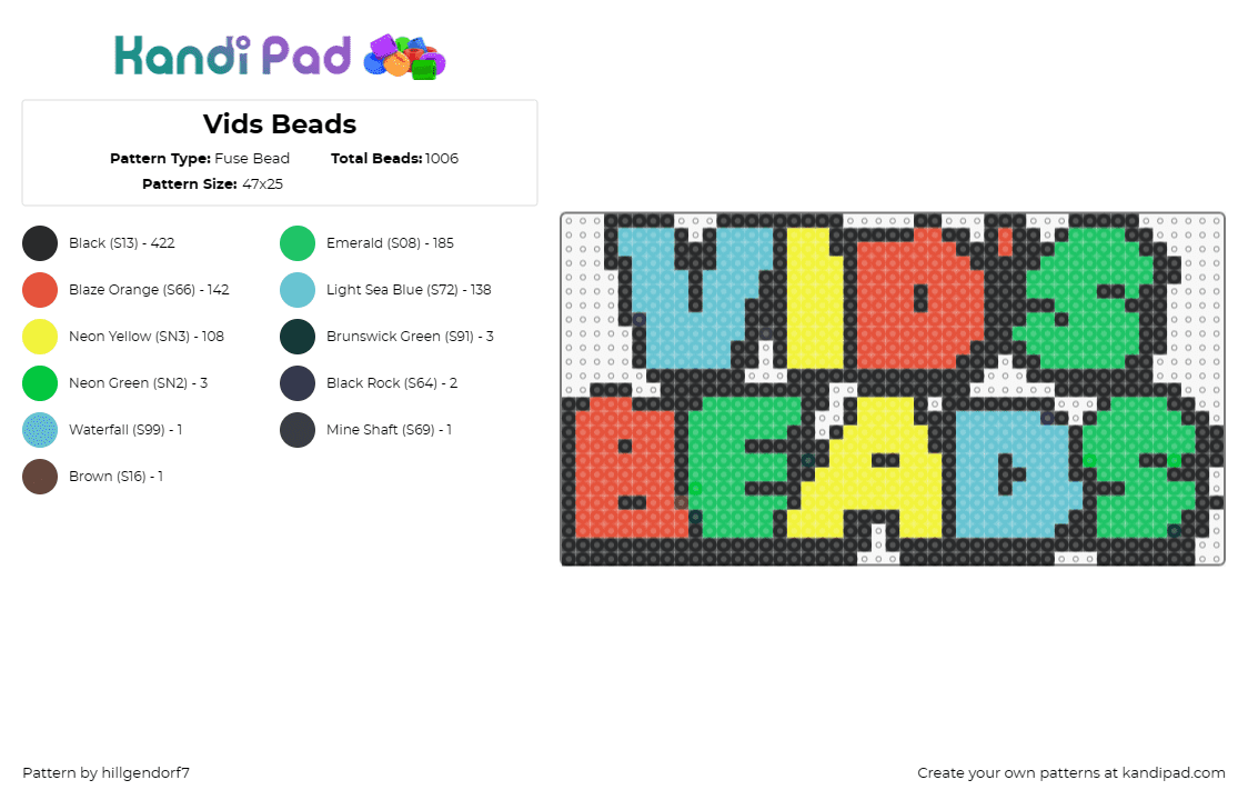 Vids Beads - Fuse Bead Pattern by hillgendorf7 on Kandi Pad - business,logo,sign,colorful,gaming,retro,playful,vibrant,branding