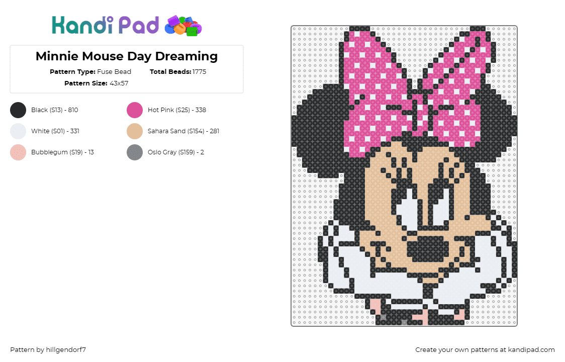 Minnie Mouse Day Dreaming - Fuse Bead Pattern by hillgendorf7 on Kandi Pad - minnie mouse,disney,daydream,cute,bow,nostalgia,character,tan,pink