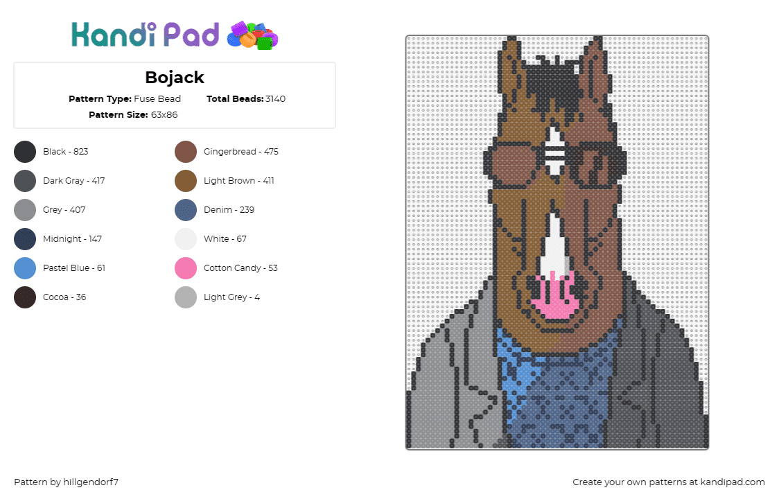 Bojack - Fuse Bead Pattern by hillgendorf7 on Kandi Pad - bojack horseman,horse,character,tv show,portrait,brown,blue,gray