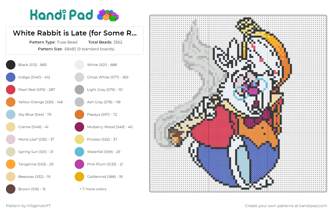 White Rabbit is Late (for Some Reason) - Fuse Bead Pattern by hillgendorf7 on Kandi Pad - white rabbit,alice in wonderland,mad hatter,humor,fantasy,storybook,character,whimsical,white,blue