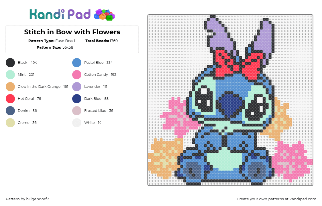 Stitch in Bow with Flowers - Fuse Bead Pattern by hillgendorf7 on Kandi Pad - stitch,bow,disney,cute,lilo and stitch,cartoon,alien,flowers,movie,character,blu