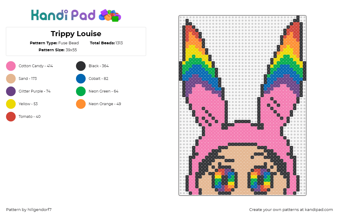 Trippy Louise - Fuse Bead Pattern by hillgendorf7 on Kandi Pad - louise belcher,bobs burgers,trippy,character,cartoon,tv show,rainbow,psychedlic,