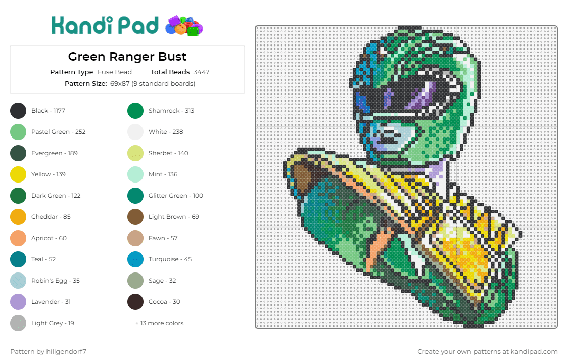 Green Ranger Bust - Fuse Bead Pattern by hillgendorf7 on Kandi Pad - green ranger,power rangers,tv show