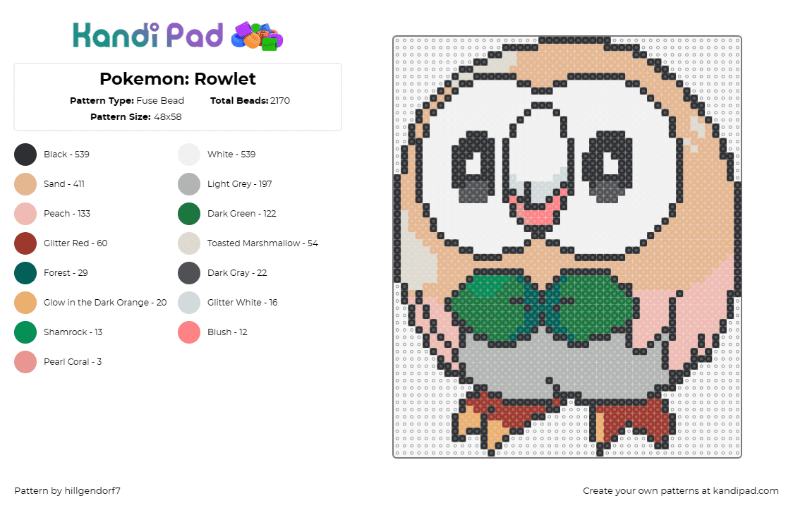Pokemon: Rowlet - Fuse Bead Pattern by hillgendorf7 on Kandi Pad - rowlet,pokemon,owl,character,gaming,bowtie,cute,tan,white,green