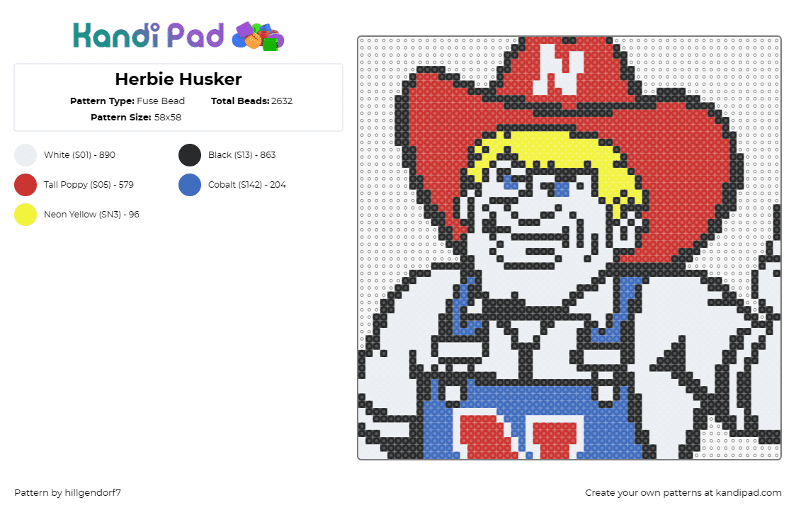 Herbie Husker - Fuse Bead Pattern by hillgendorf7 on Kandi Pad - herbie husker,nebraska,cornhuskers,football,mascot,sports,team spirit,pride,loya