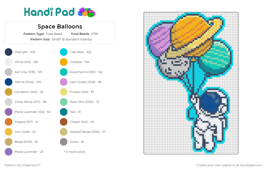 Space Balloons - Fuse Bead Pattern by hillgendorf7 on Kandi Pad - planets,astronaut,balloons,space,saturn,whimsical,cosmic,adventure,stars,light blue,colorful
