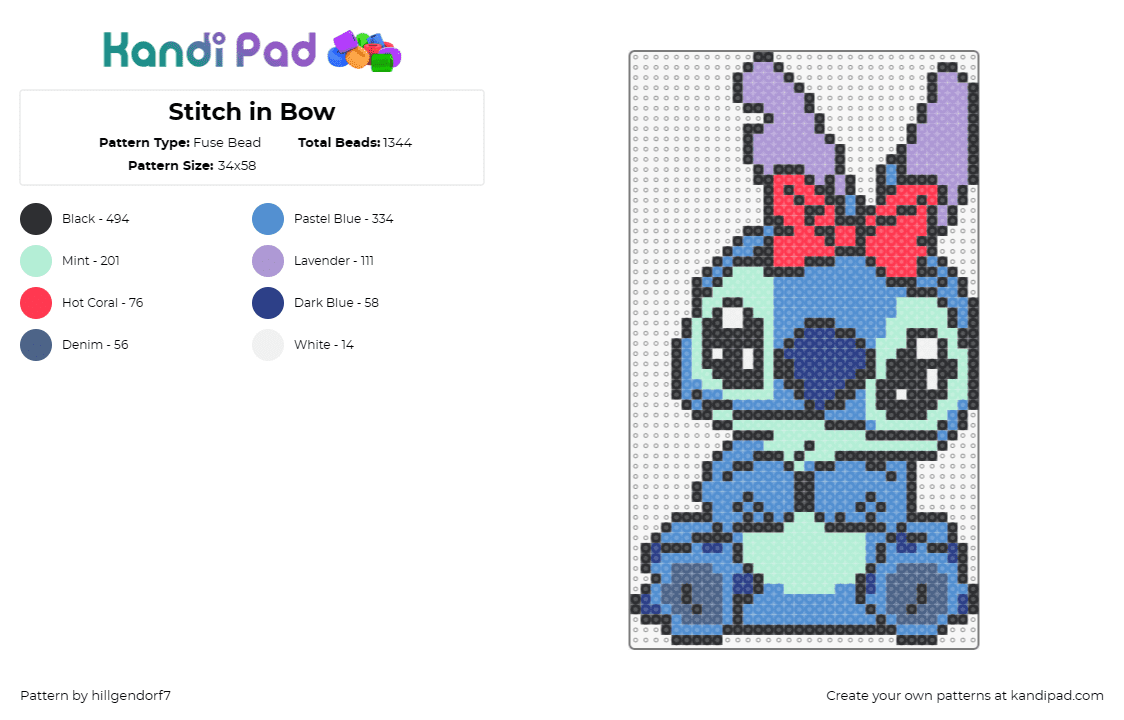 Stitch in Bow - Fuse Bead Pattern by hillgendorf7 on Kandi Pad - stitch,disney,lilo and stitch,cute,animation,bow,character,movie,blue,pink