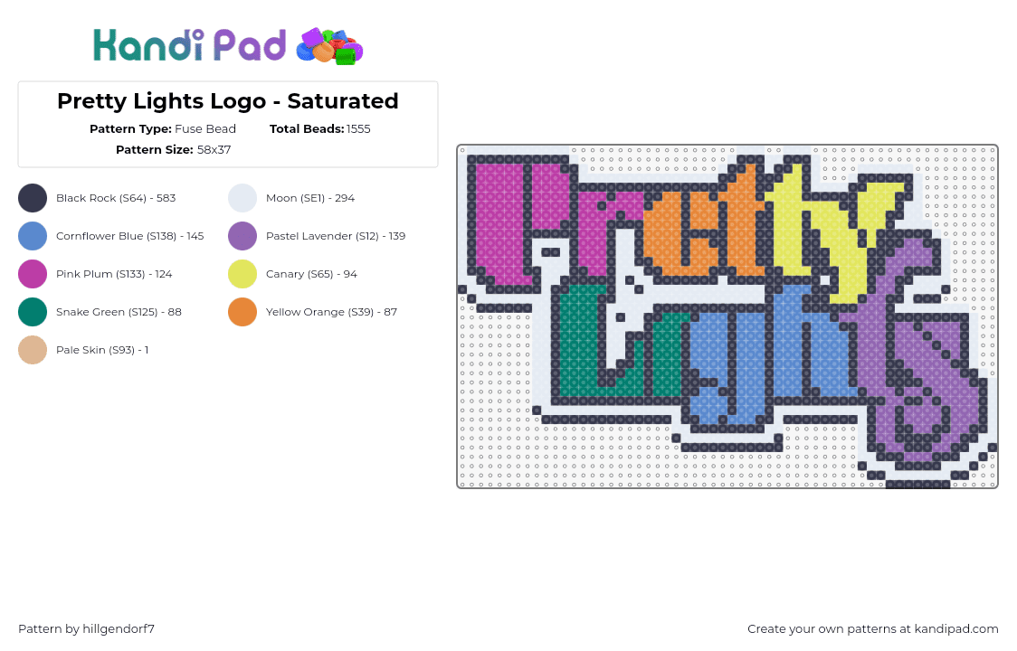 Pretty Lights Logo - Saturated - Fuse Bead Pattern by the_edm_perler_pattern_guy on Kandi Pad - pretty lights,logo,music,dj,retro,colorful,edm,pink,blue,purple,green,orange,yellow