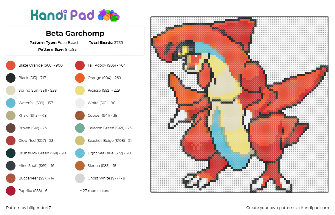 Beta Garchomp - Fuse Bead Pattern by hillgendorf7 on Kandi Pad - garunch,beta garchomp,fantasy,mythical,dragon,folklore,imposing,legendary,creatu