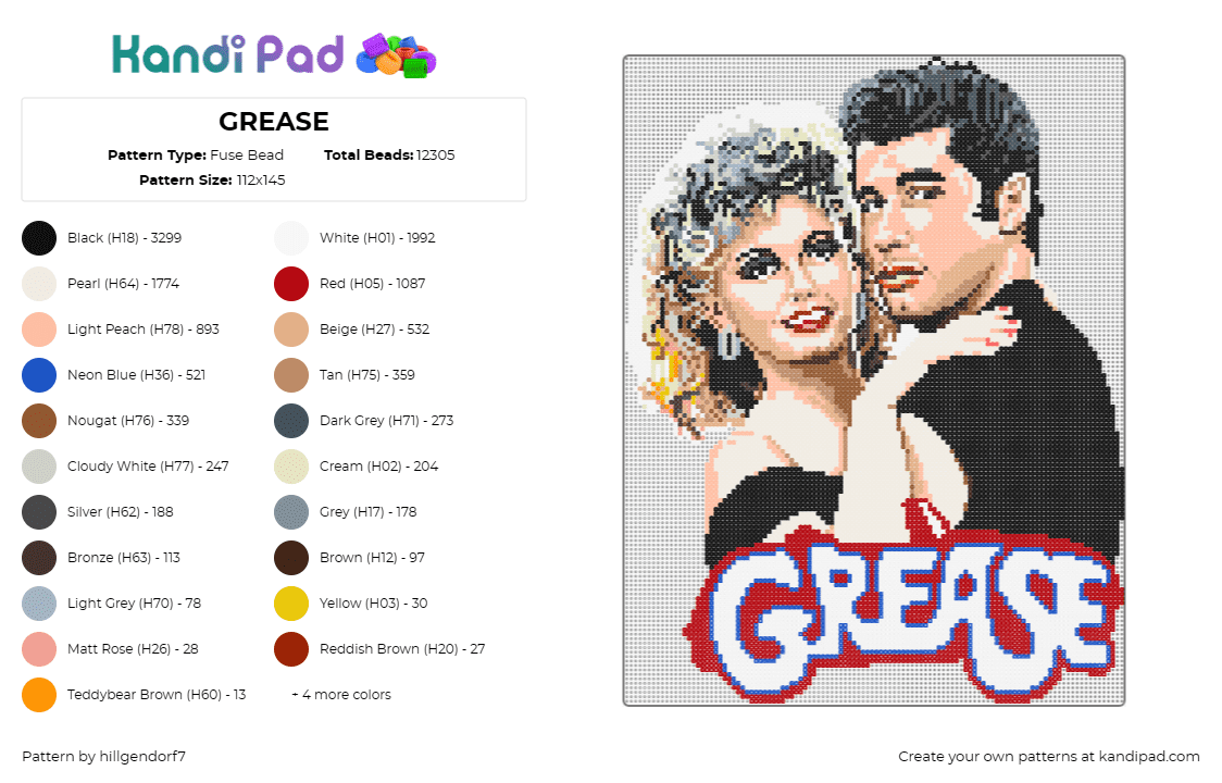 GREASE - Fuse Bead Pattern by hillgendorf7 on Kandi Pad - grease,musical,logo,movie,poster,portrait,black,red,tan