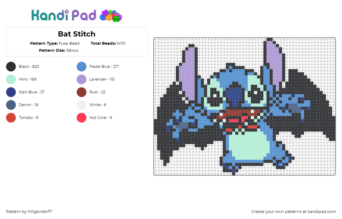 Bat Stitch - Fuse Bead Pattern by hillgendorf7 on Kandi Pad - stitch,vampire,bat,costume,halloween,disney,character,spooky,black,light blue,bl