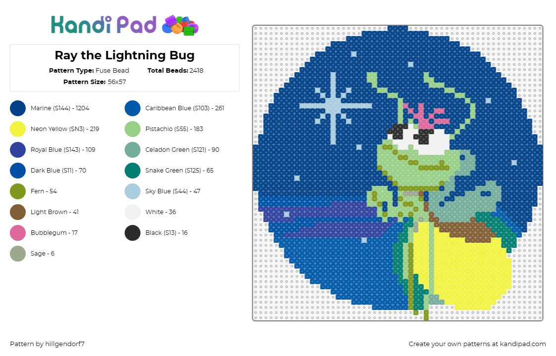 Ray the Lightning Bug - Fuse Bead Pattern by hillgendorf7 on Kandi Pad - ray,lightning bug,princess and the frog,disney,character,night,insect,movie,animation,blue,green,yellow