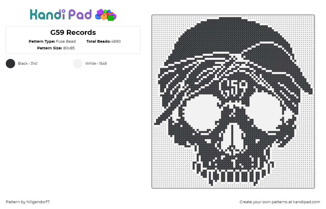 G59 Records - Fuse Bead Pattern by hillgendorf7 on Kandi Pad - g59,suicideboys,skull,music,hip hop,rap,bandana,black