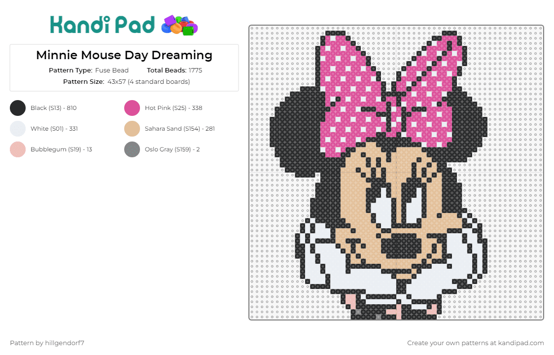 Minnie Mouse Day Dreaming - Fuse Bead Pattern by hillgendorf7 on Kandi Pad - minnie mouse,disney,daydream,cute,bow,whimsy,nostalgia,character,tan,pink