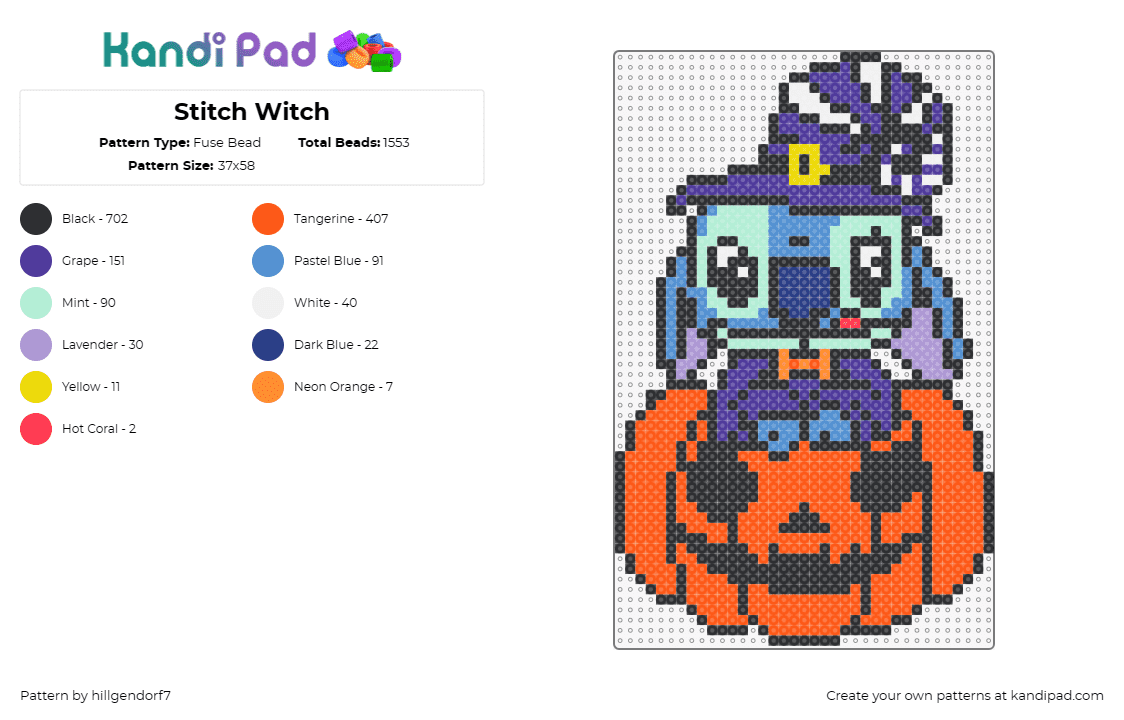 Stitch Witch - Fuse Bead Pattern by hillgendorf7 on Kandi Pad - stitch,pumpkin,witch,disney,halloween,costume,lilo and stitch,character,spooky,b