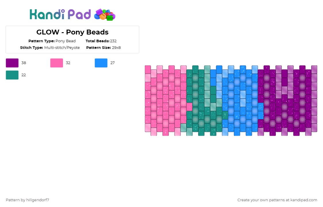 GLOW - Pony Beads Example - Pony Bead Pattern by hillgendorf7 on Kandi Pad - cuff, glitter, glow, glow in the dark, pink, text