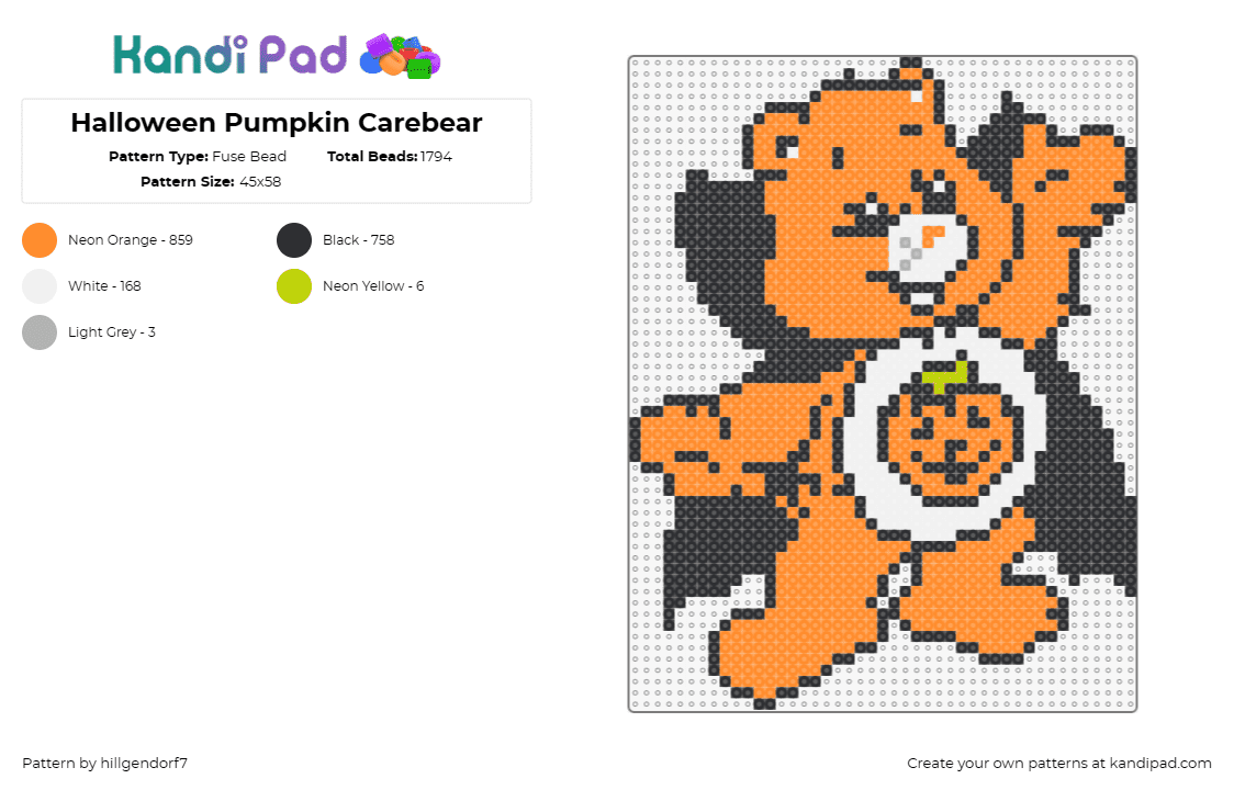 Halloween Pumpkin Carebear - Fuse Bead Pattern by hillgendorf7 on Kandi Pad - carebear,halloween,pumpkin,seasonal,adorable,spookiness,orange