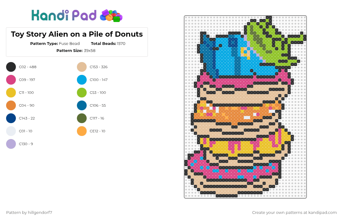 Toy Story Alien on a Pile of Donuts - Fuse Bead Pattern by hillgendorf7 on Kandi Pad - donuts,toy story,movie,cartoon,scifi,food,beige,light blue,pink,alien,pixar,sleep