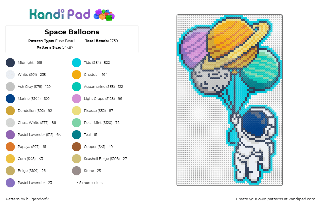 Space Balloons - Fuse Bead Pattern by hillgendorf7 on Kandi Pad - planets,astronaut,balloons,space,saturn,whimsical,cosmic,adventure,stars,light b
