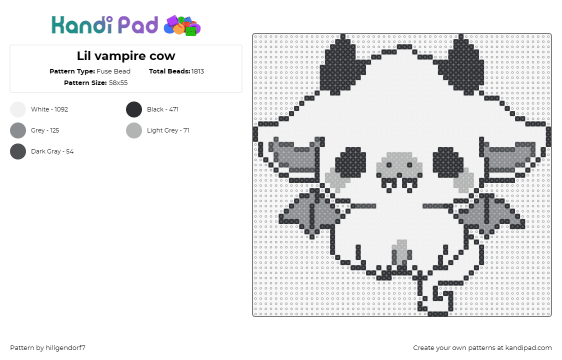 Lil vampire cow - Fuse Bead Pattern by hillgendorf7 on Kandi Pad - cow,bat,vampire,spooky,cute,animal,devil,halloween,costume,grayscale,white