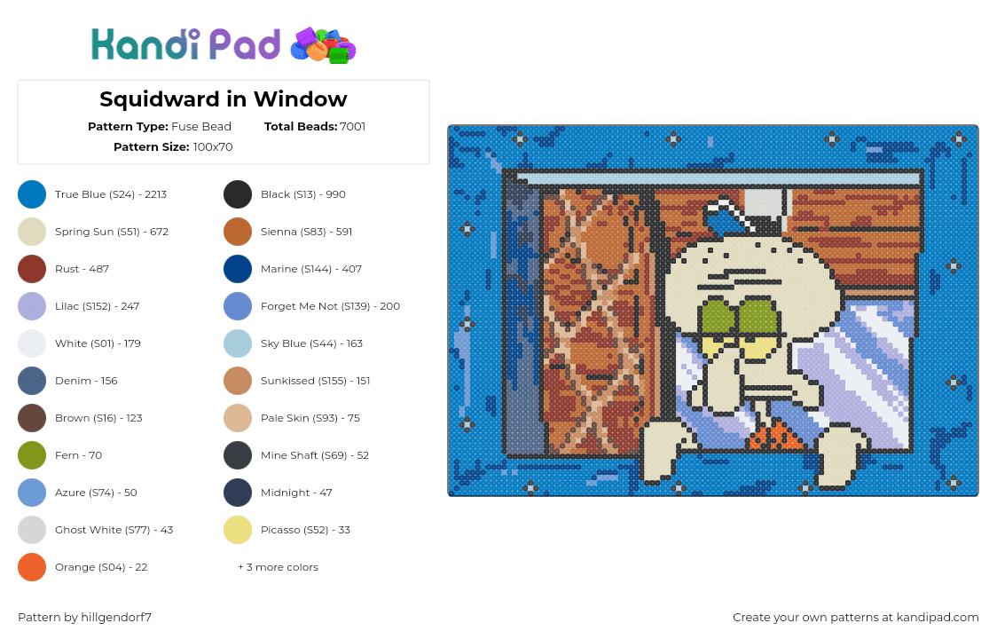 Squidward in Window - Fuse Bead Pattern by hillgendorf7 on Kandi Pad - squidward,spongebob squarepants,krusty krab,cartoon,window,frame,tv show,blue,brown,green