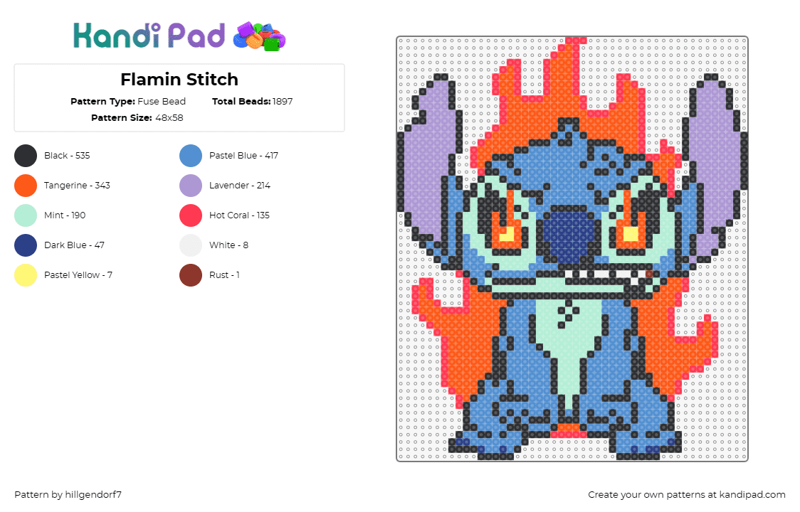 Flamin Stitch - Fuse Bead Pattern by hillgendorf7 on Kandi Pad - stitch,disney,flames,fire,disney,lilo and stitch,character,angry,movie,orange,bl