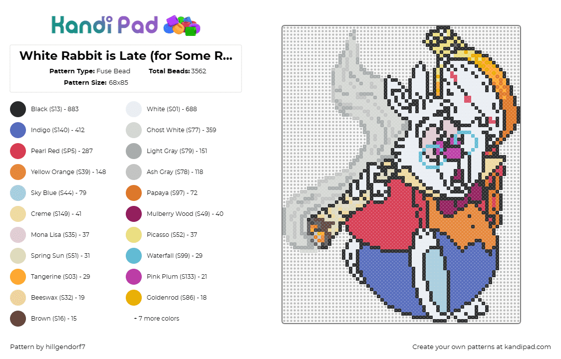 White Rabbit is Late (for Some Reason) - Fuse Bead Pattern by hillgendorf7 on Kandi Pad - rabbit,alice in wonderland,character,mad hatter,story,weed,marijuana,watch,smoke,red,orange,white,blue