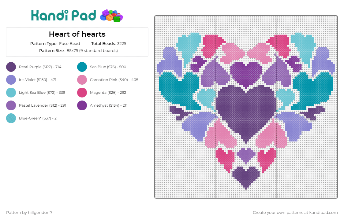 Heart of hearts - Fuse Bead Pattern by hillgendorf7 on Kandi Pad - hearts,love,affection,expressive,symphony,interlocking,romantic,purple,teal