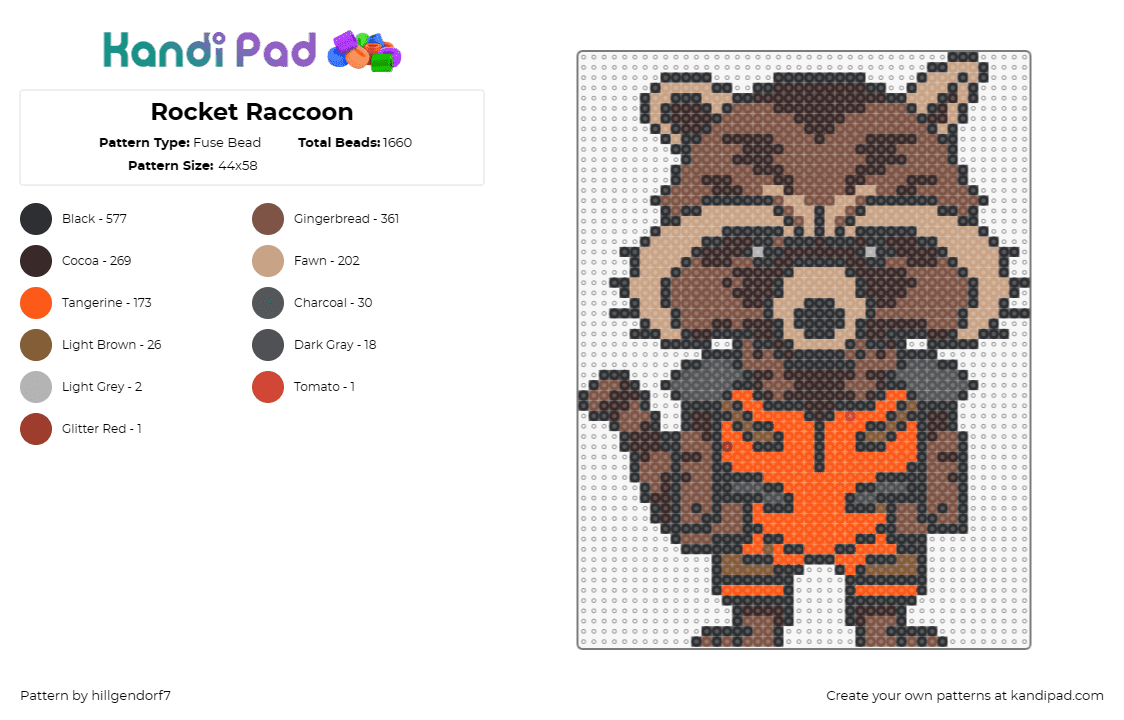 Rocket Raccoon - Fuse Bead Pattern by hillgendorf7 on Kandi Pad - rocket,raccoon,guardians of the galaxy,character,animal,marvel,movie,cute,brown,