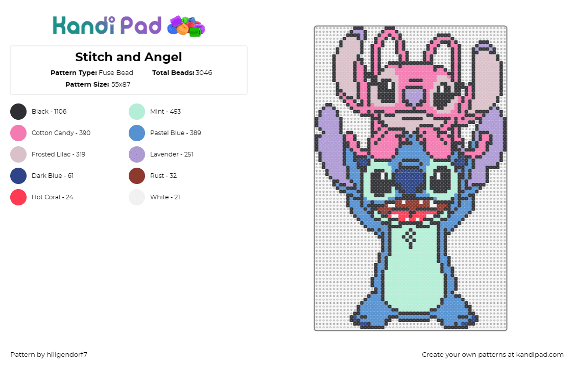 Stitch and Angel - Fuse Bead Pattern by hillgendorf7 on Kandi Pad - stitch,angel,disney,characters,lilo and stitch,cartoon,aliens,cute,happy,movie,b