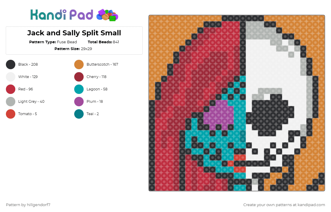 Jack and Sally Split Small - Fuse Bead Pattern by hillgendorf7 on Kandi Pad - nightmare before christmas,portrait,mashup,movie,cartoon,disney,red,orange,jack skellington,sally