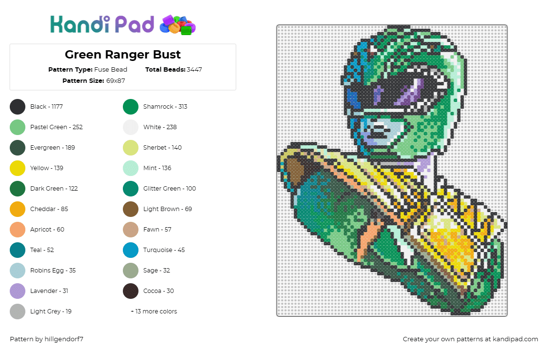 Green Ranger Bust - Fuse Bead Pattern by hillgendorf7 on Kandi Pad - power rangers,green,portrait,bust,tv show,character,martial arts,classic,nostalg