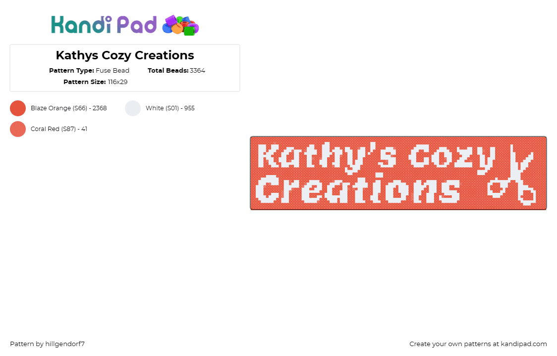 Kathys Cozy Creations - Fuse Bead Pattern by hillgendorf7 on Kandi Pad - sign,text,logo,barber,hairstylist,personal,cozy,orange,white