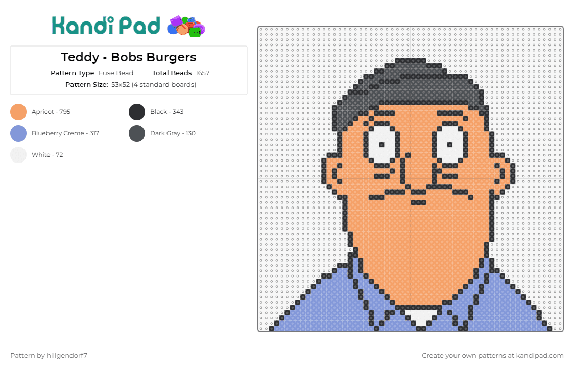 Teddy - Bobs Burgers - Fuse Bead Pattern by hillgendorf7 on Kandi Pad - teddy,bobs burgers,animated,tv show,character,sitcom,friendly,blue,tan