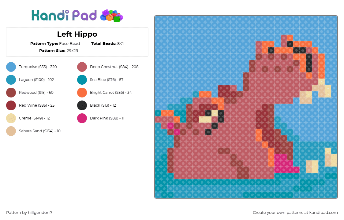 Left Hippo - Fuse Bead Pattern by hillgendorf7 on Kandi Pad - hippopotamus,animal,underwater,mouth,teeth,brown,blue,teal