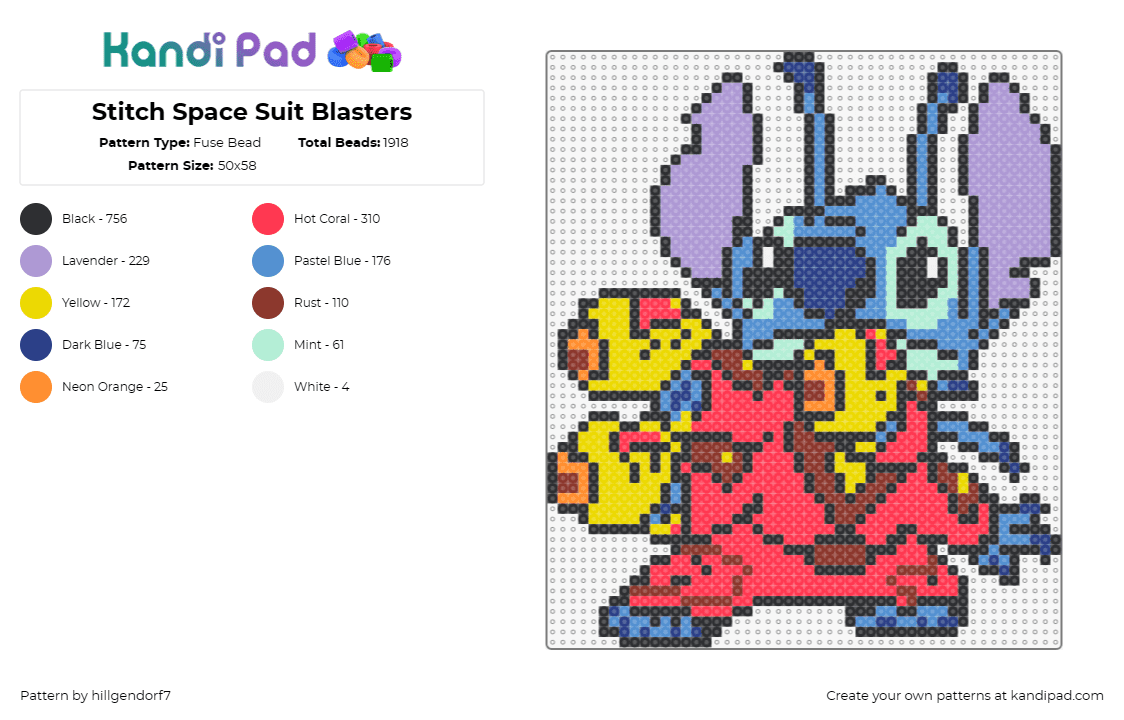Stitch Space Suit Blasters - Fuse Bead Pattern by hillgendorf7 on Kandi Pad - stitch,disney,weapons,lilo and stitch,alien,animation,character,movie,blue,red,y