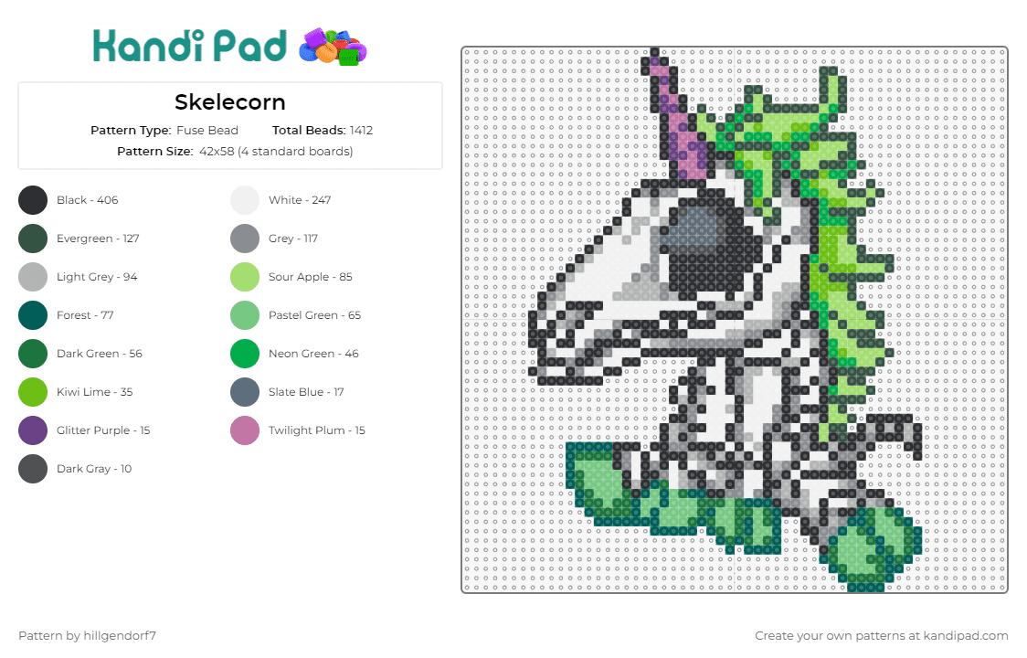 Skelecorn - Fuse Bead Pattern by hillgendorf7 on Kandi Pad - skeleton,unicorn,cute,spooky,horse,animal,whimsical,fantasy,green,gray,white