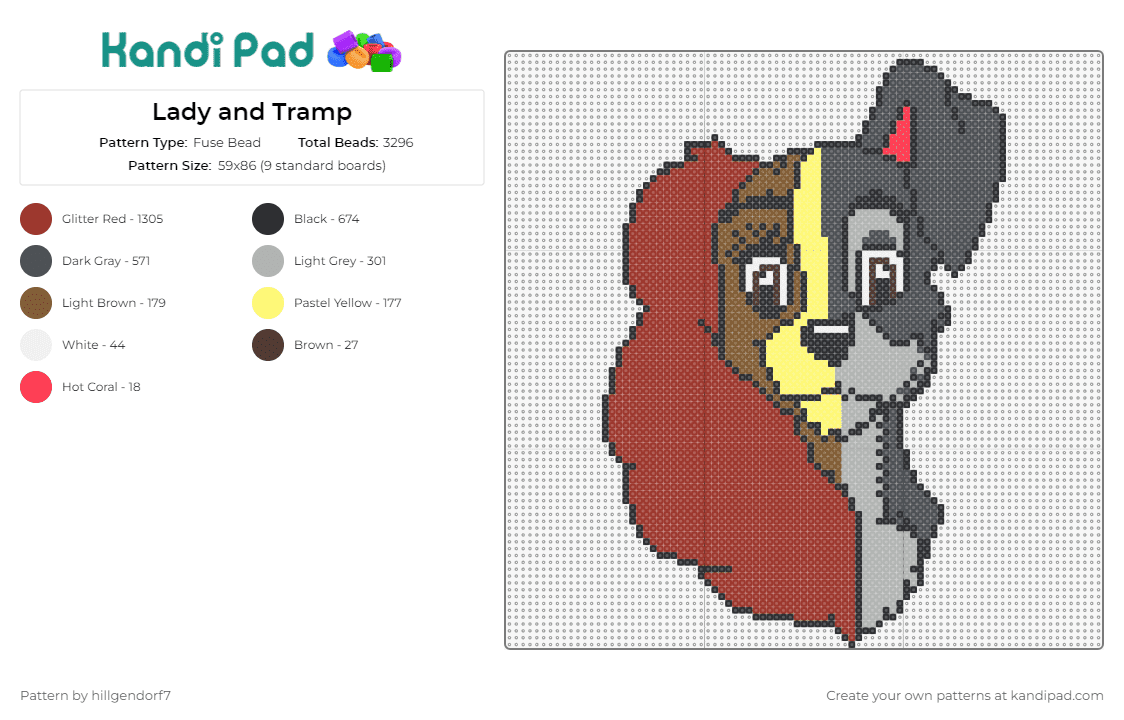 Lady and Tramp - Fuse Bead Pattern by hillgendorf7 on Kandi Pad - lady and the tramp,disney,dogs,cartoon,movies