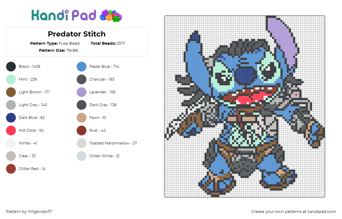 Predator Stitch - Fuse Bead Pattern by hillgendorf7 on Kandi Pad - stitch,predator,costume,halloween,disney,character,mashup,movie,colorful,blue